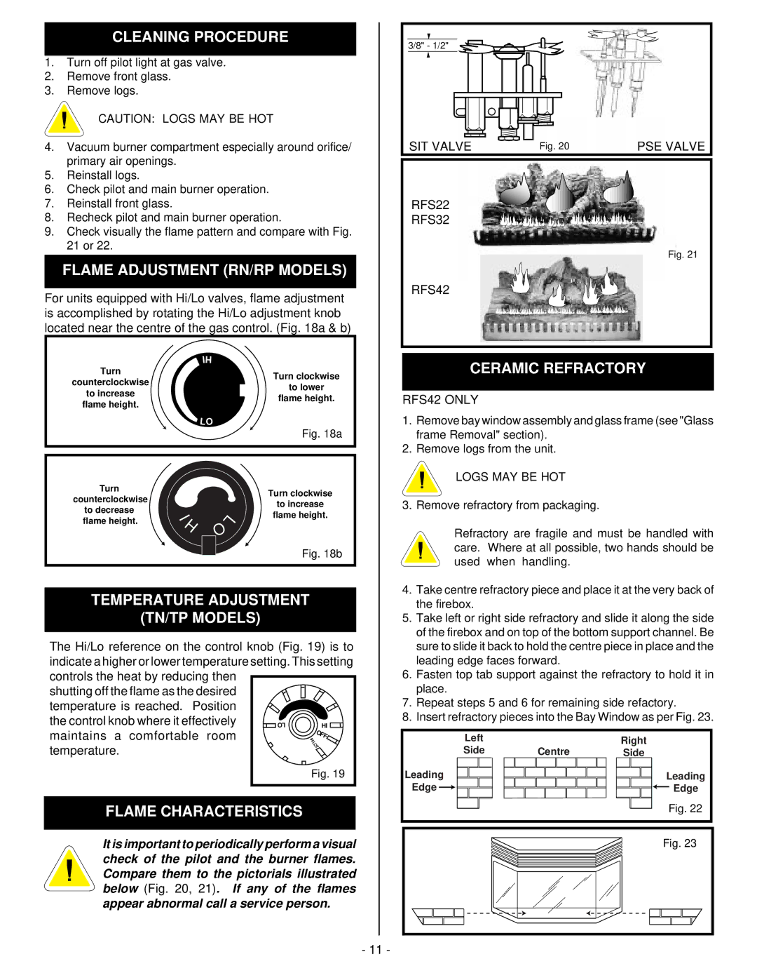 Vermont Casting RFS32, RFS42, RFS22 Cleaning Procedure, Flame Adjustment RN/RP Models, Temperature Adjustment TN/TP Models 