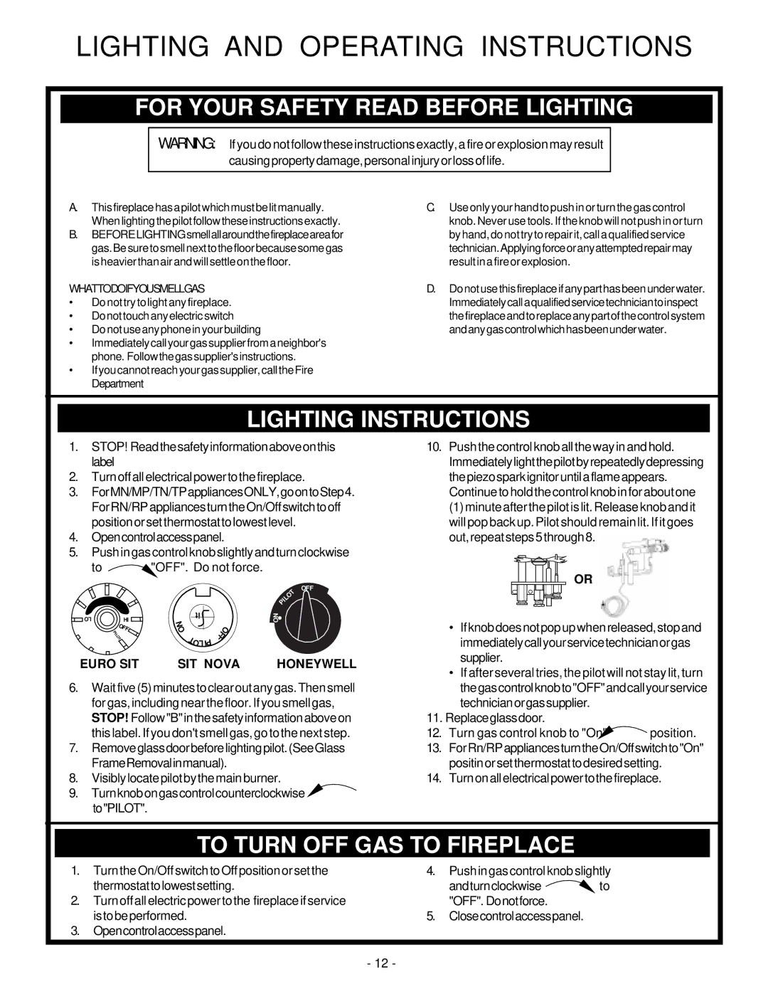 Vermont Casting RFS42, RFS22 For Your Safety Read Before Lighting, Lighting Instructions, To Turn OFF GAS to Fireplace 