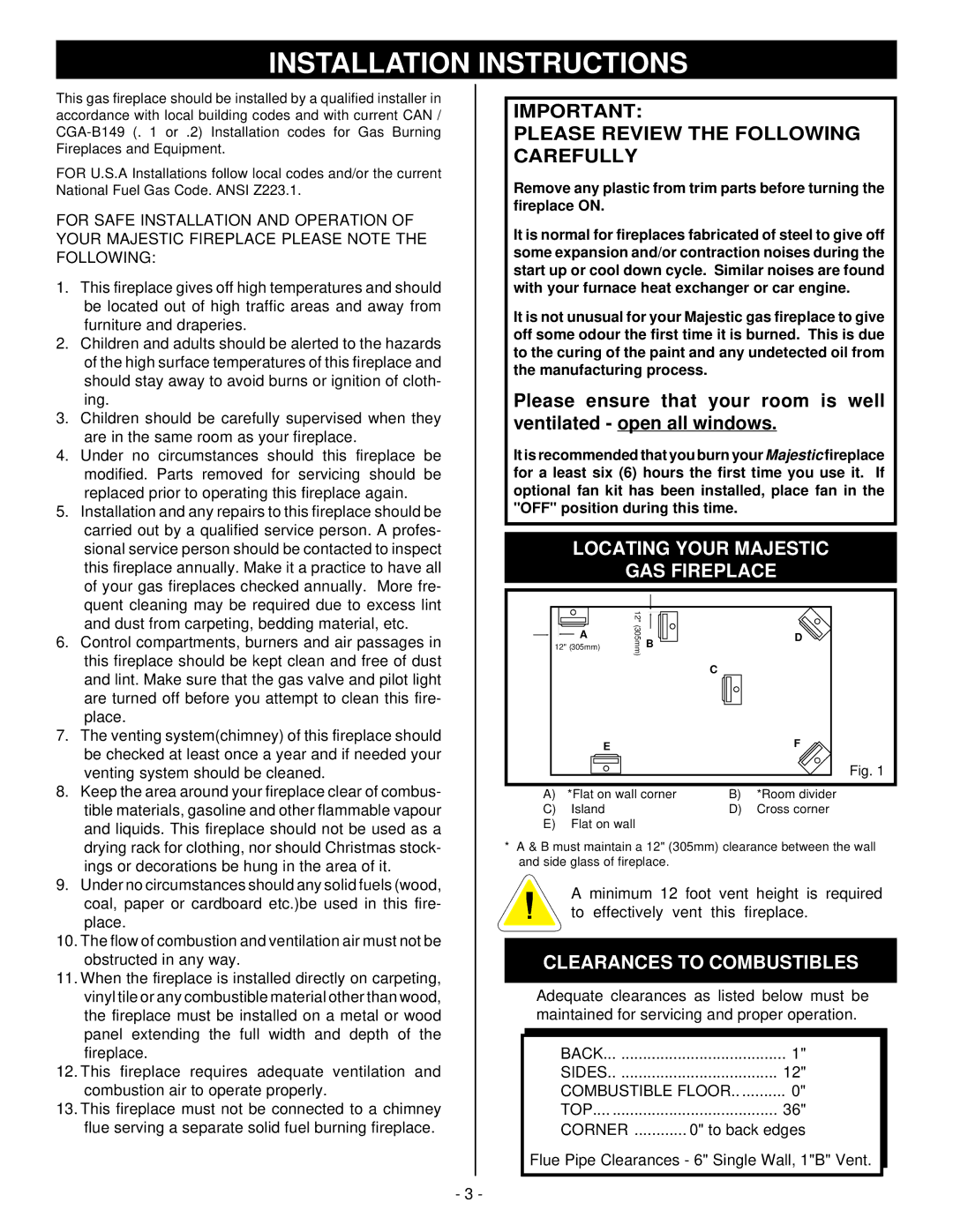 Vermont Casting RFS42, RFS22 Installation Instructions, Please Review the Following Carefully, Clearances to Combustibles 