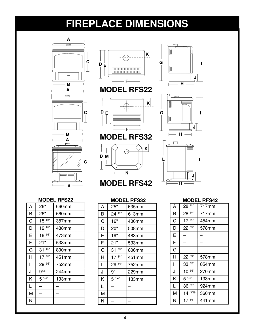 Vermont Casting installation instructions Fireplace Dimensions, Model RFS22, Model RFS32, Model RFS42 