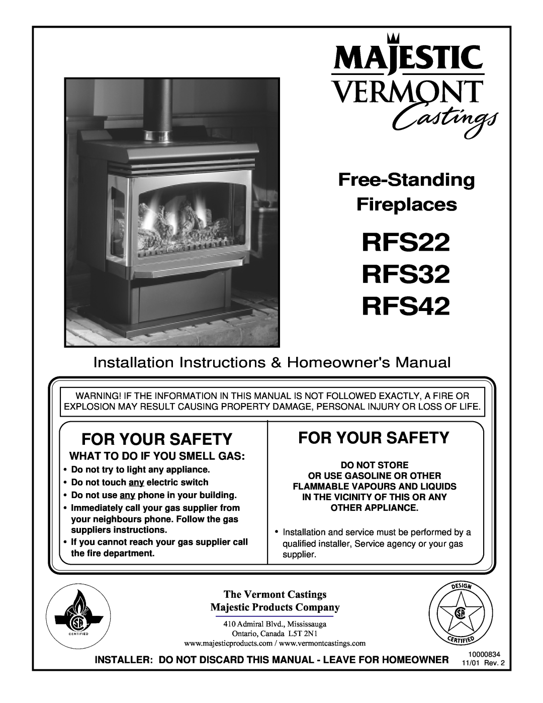 Vermont Casting installation instructions For Your Safety, What To Do If You Smell Gas, RFS22 RFS32 RFS42 