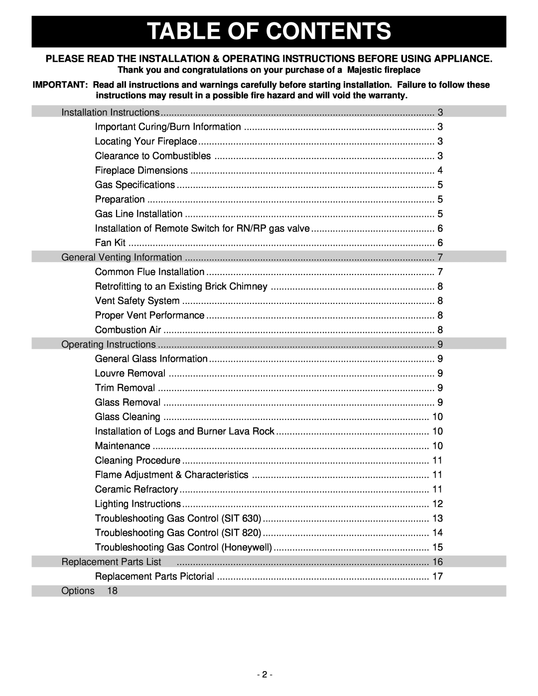 Vermont Casting RFS32, RFS42, RFS22 installation instructions Table Of Contents 