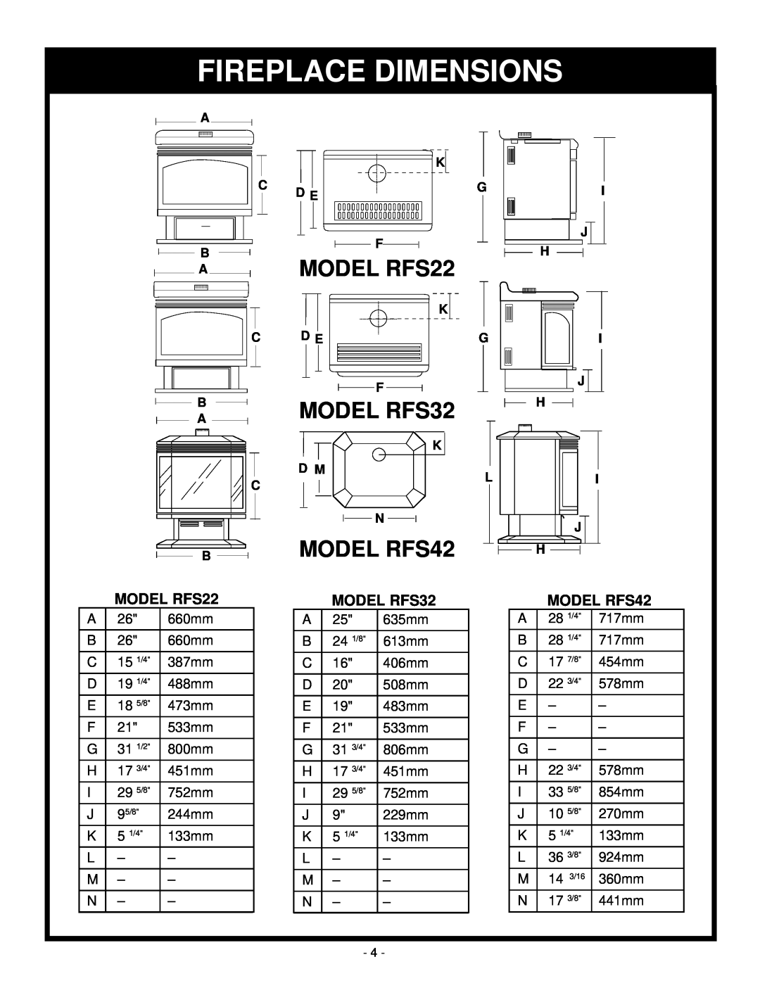 Vermont Casting installation instructions Fireplace Dimensions, MODEL RFS22, MODEL RFS32, MODEL RFS42 