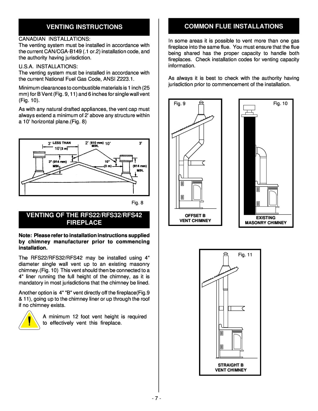 Vermont Casting Venting Instructions, Common Flue Installations, VENTING OF THE RFS22/RFS32/RFS42 FIREPLACE 