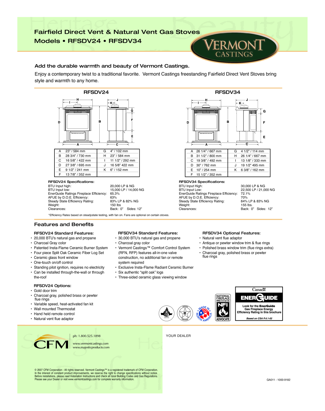 Vermont Casting manual Fairfield Direct Vent & Natural Vent Gas Stoves, Models RFSDV24 RFSDV34, Features and Benefits 
