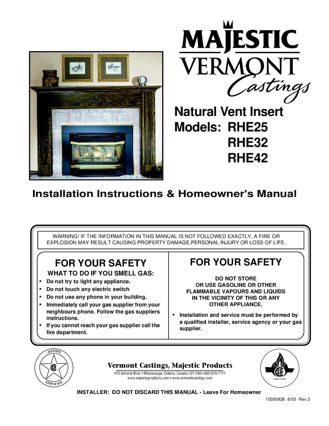 Vermont Casting RHE25 installation instructions RHE32 RHE42, Installer do not Discard this Manual Leave For Homeowner 