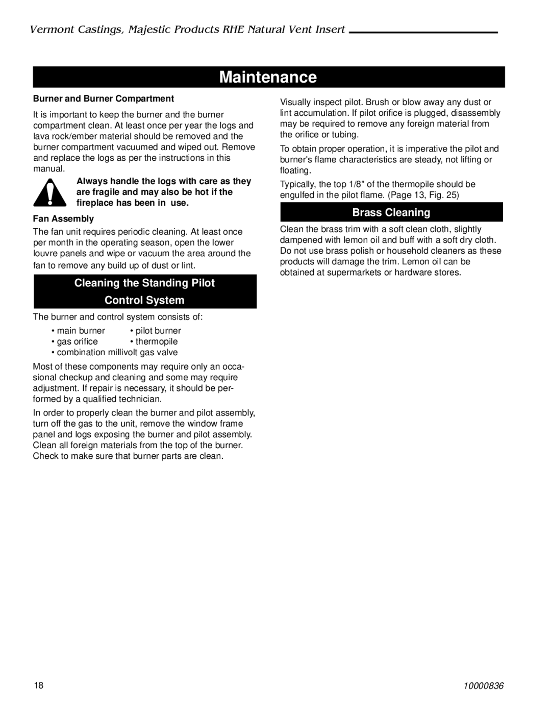 Vermont Casting RHE42, RHE25, RHE32 Maintenance, Cleaning the Standing Pilot Control System, Brass Cleaning 