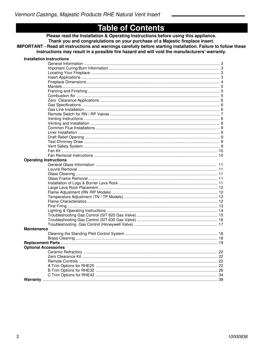 Vermont Casting RHE32, RHE42, RHE25 installation instructions Table of Contents 