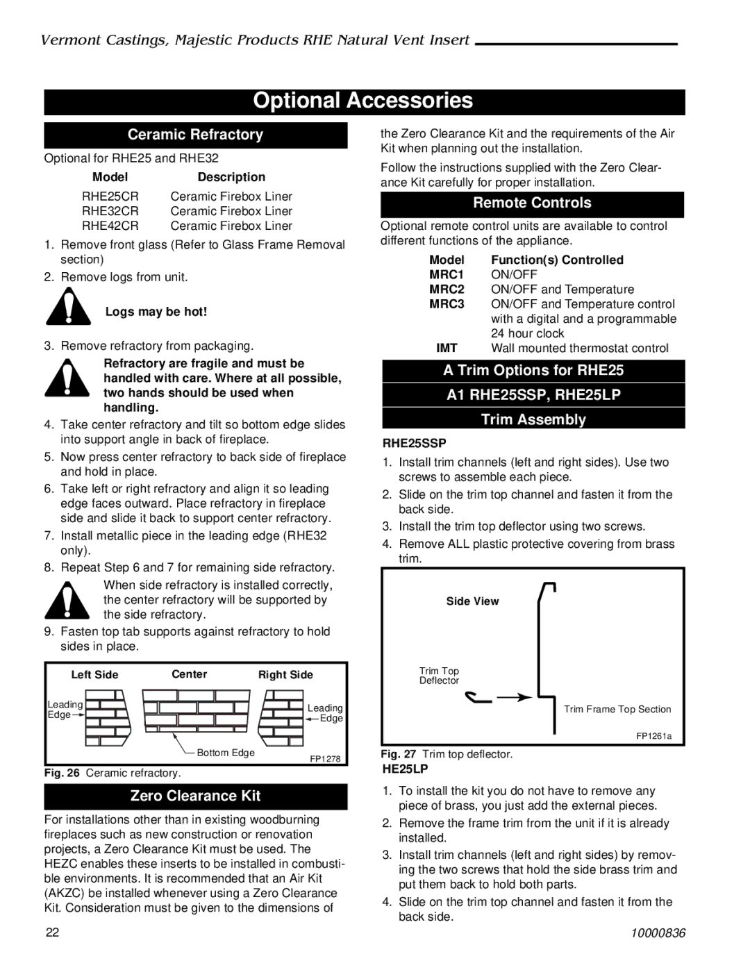 Vermont Casting RHE42 Optional Accessories, Ceramic Refractory, Remote Controls, Trim Options for RHE25, Trim Assembly 
