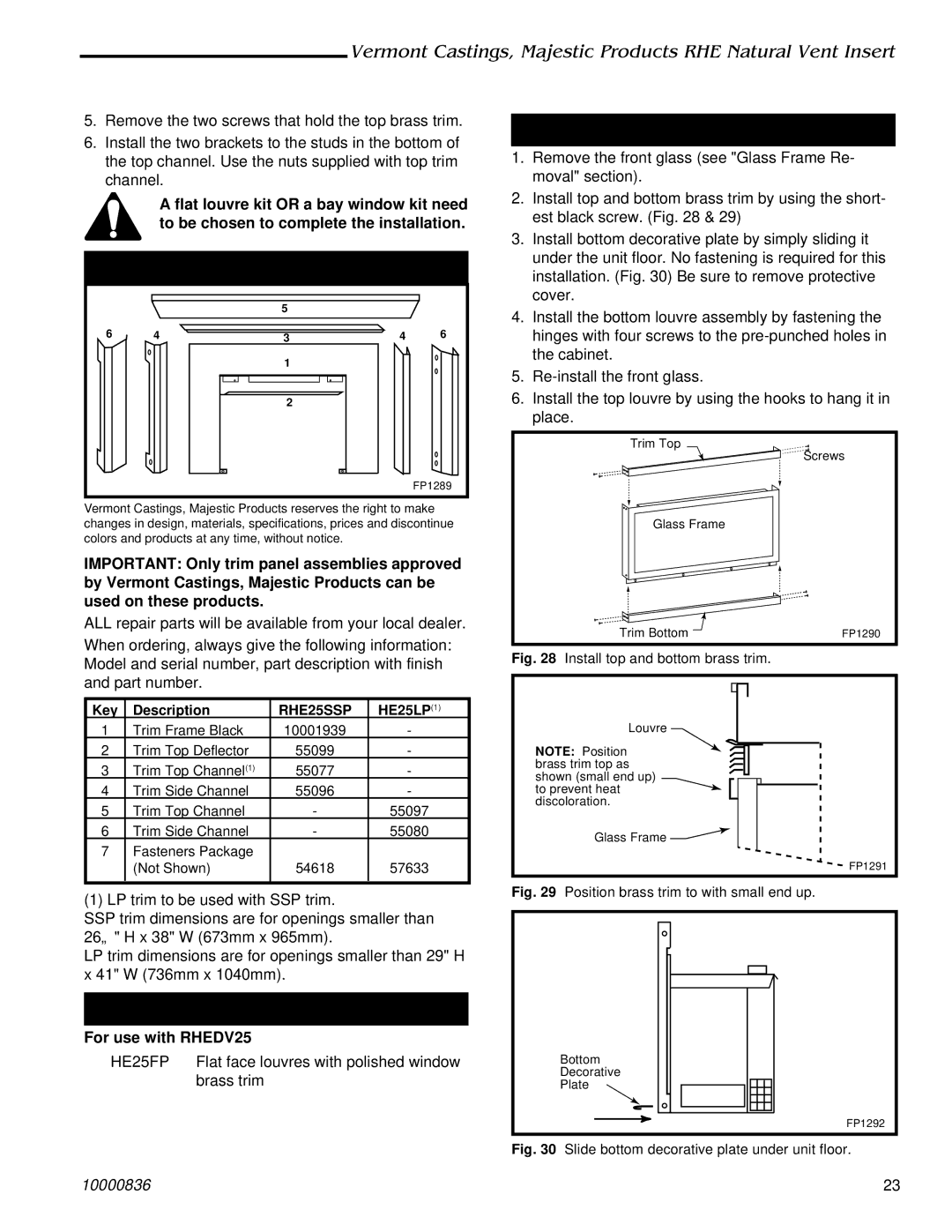 Vermont Casting RHE32, RHE42 installation instructions A2 HE25FP Trim, For use with RHEDV25, RHE25SSP 