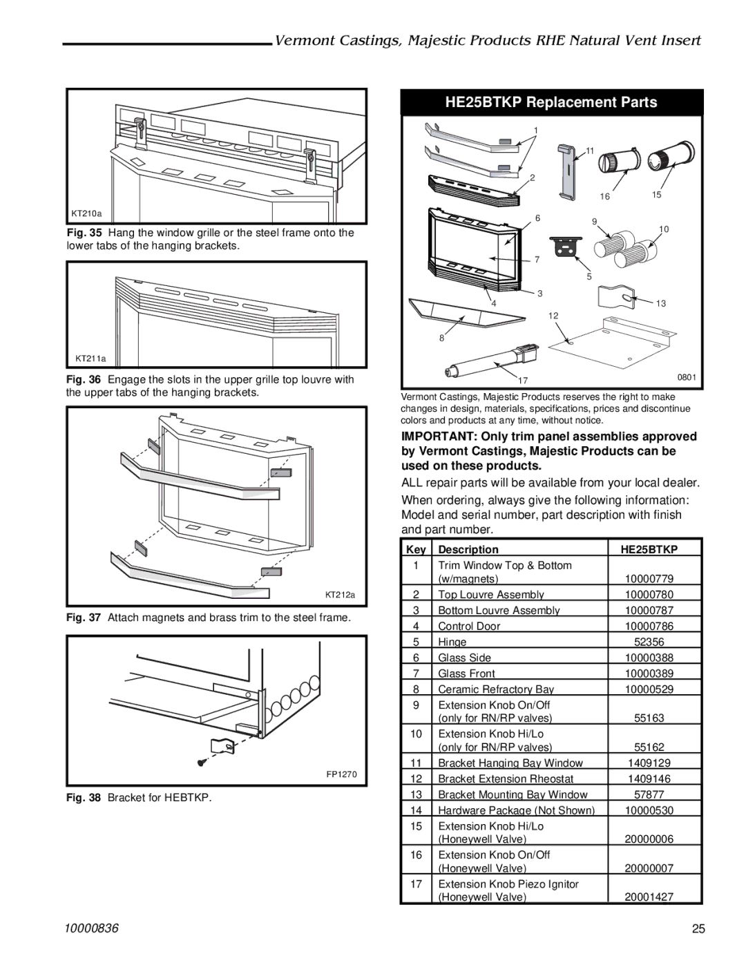 Vermont Casting RHE25, RHE42, RHE32 installation instructions HE25BTKP Replacement Parts 