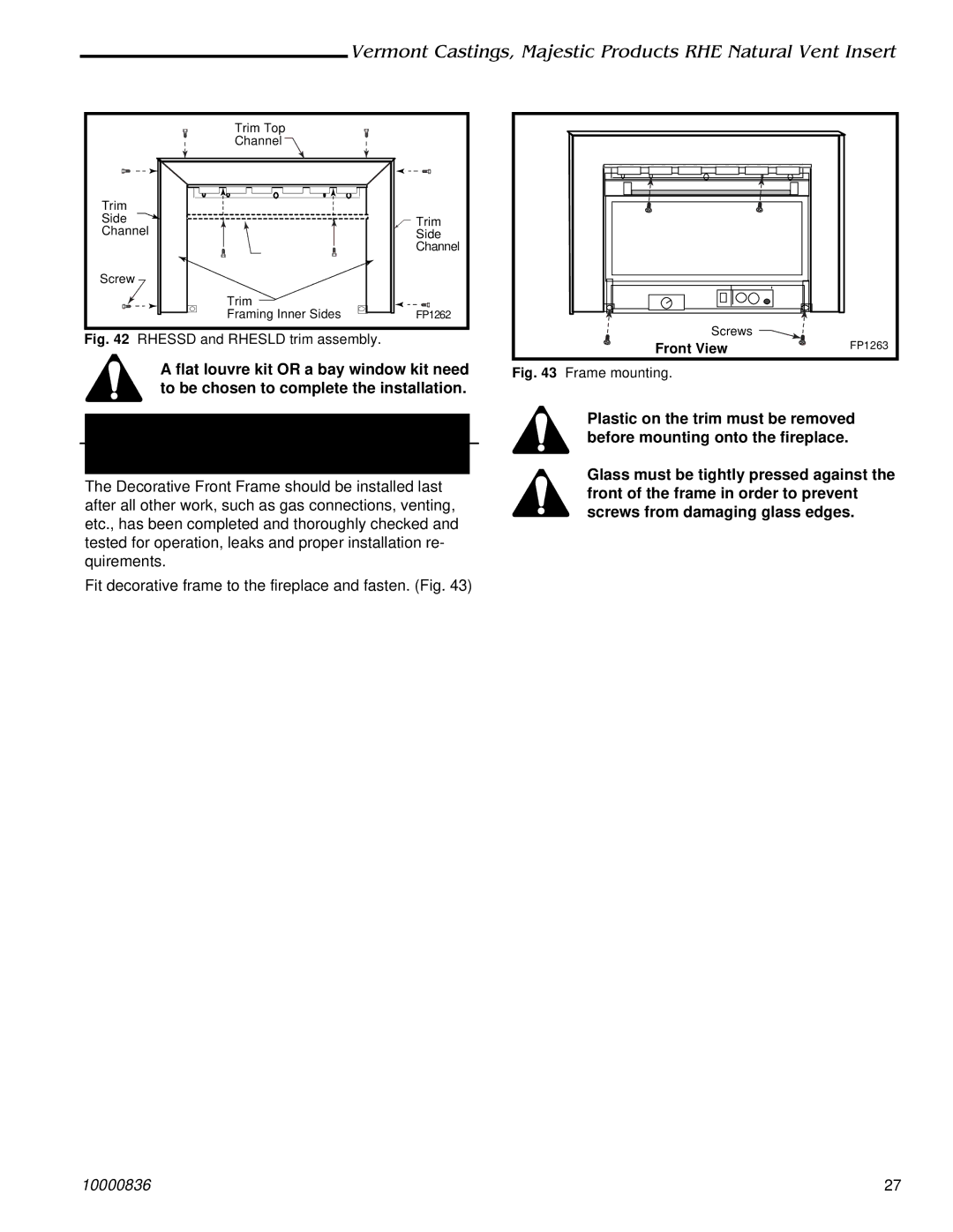 Vermont Casting RHE42, RHE25, RHE32 installation instructions Frame Mounting General Information, Frame mounting 