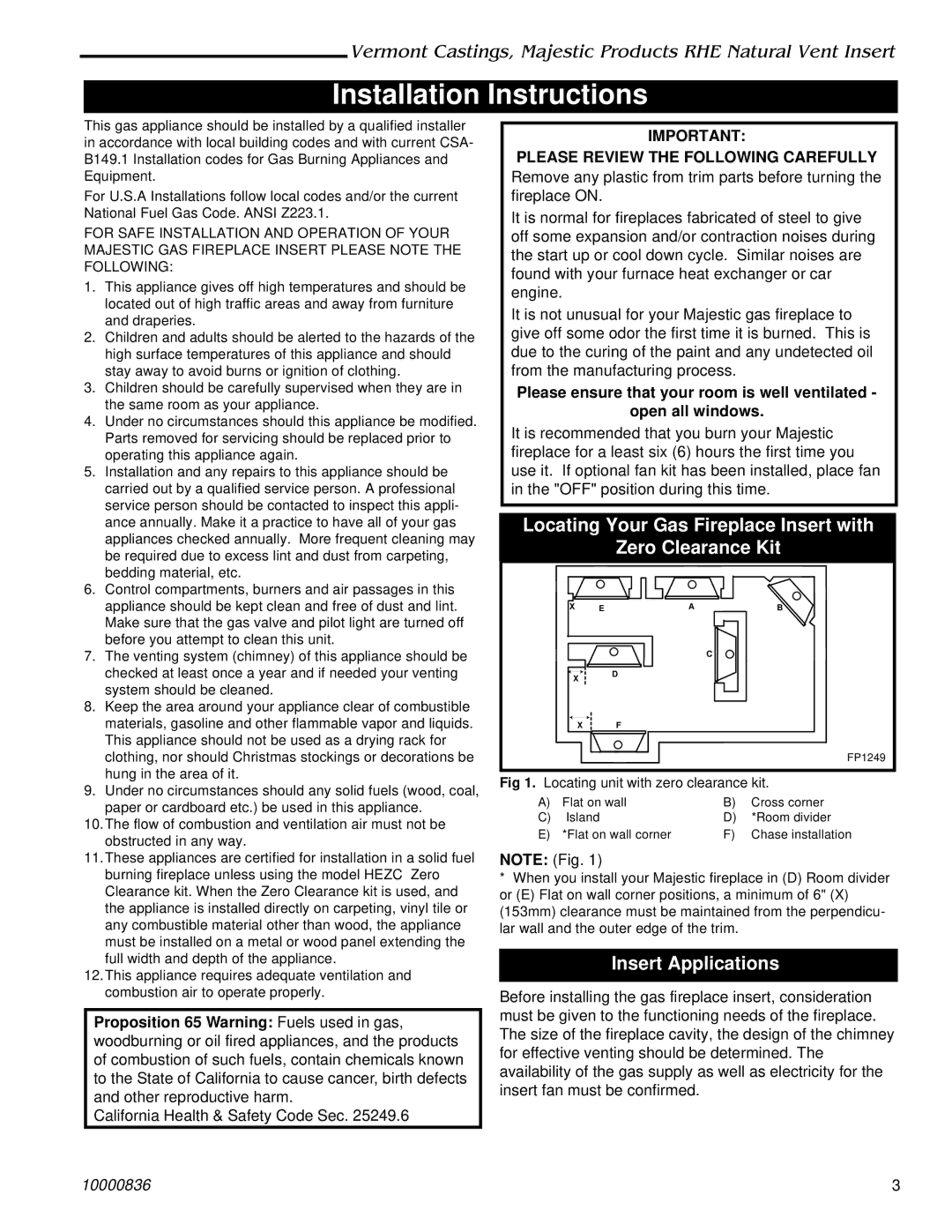 Vermont Casting RHE42, RHE25, RHE32 Installation Instructions, Locating Your Gas Fireplace Insert with Zero Clearance Kit 