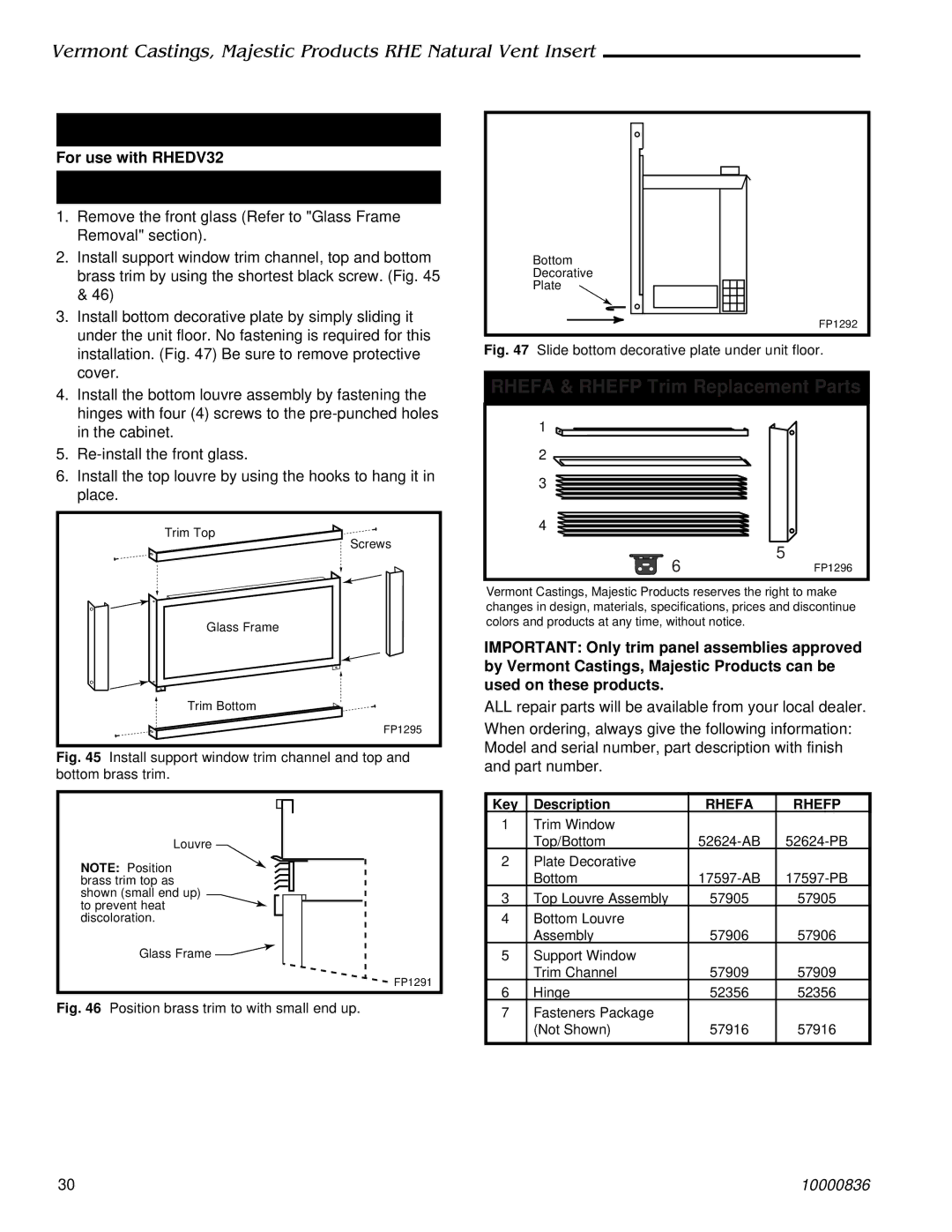 Vermont Casting RHE42, RHE25, RHE32 B3 Rhefa and Rhefp Trims, Rhefa & Rhefp Trim Replacement Parts, Rhefa Rhefp 