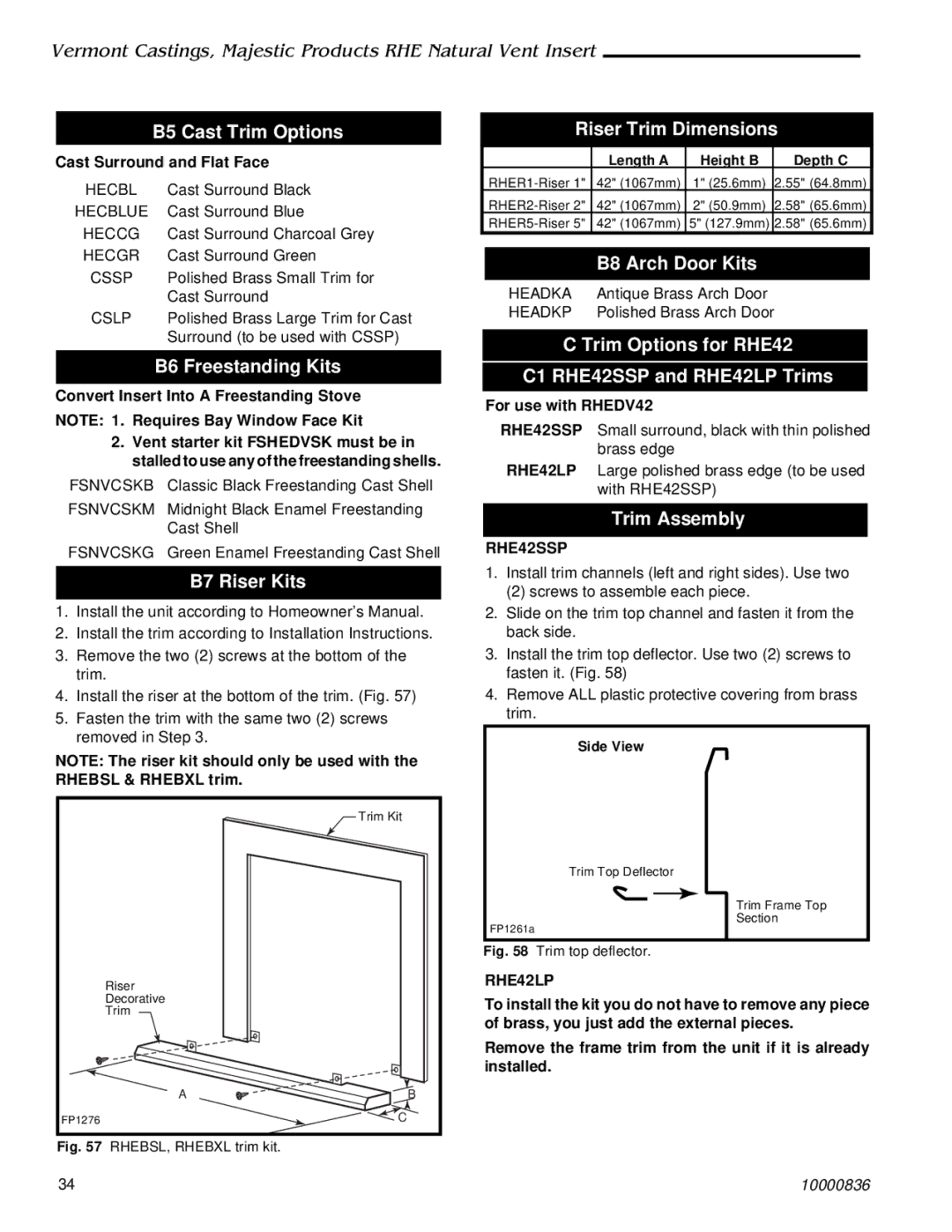 Vermont Casting RHE25 B5 Cast Trim Options, B6 Freestanding Kits, B7 Riser Kits, Riser Trim Dimensions, B8 Arch Door Kits 