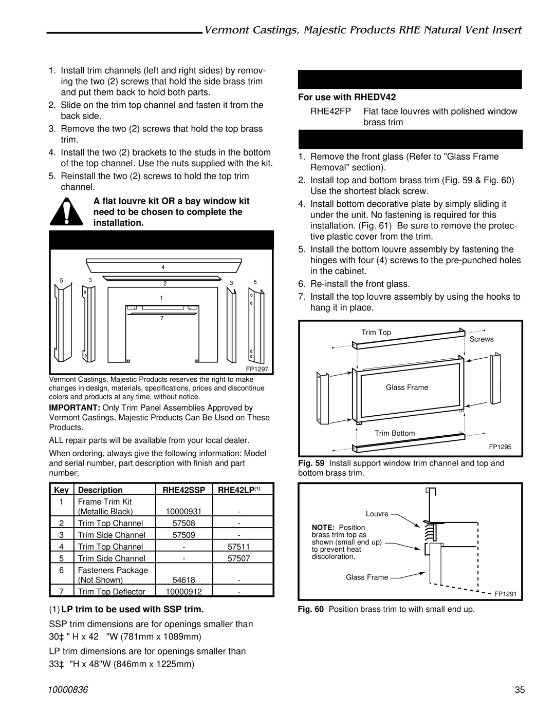 Vermont Casting RHE32, RHE25 installation instructions C2 RHE42FP Trim, LP trim to be used with SSP trim, RHE42SSP 