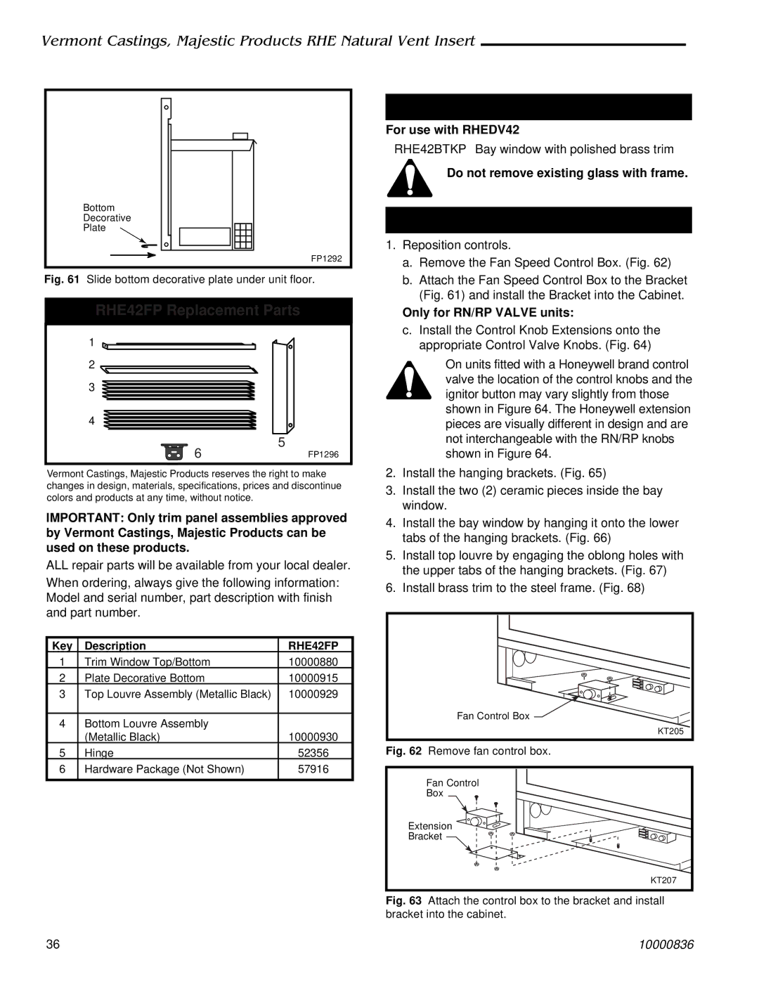 Vermont Casting RHE25, RHE32 installation instructions RHE42FP Replacement Parts 