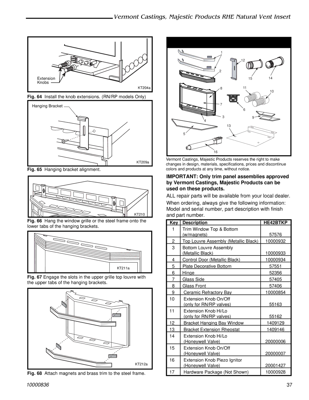 Vermont Casting RHE25, RHE42, RHE32 installation instructions HE42BTKP Trim Replacement Parts 