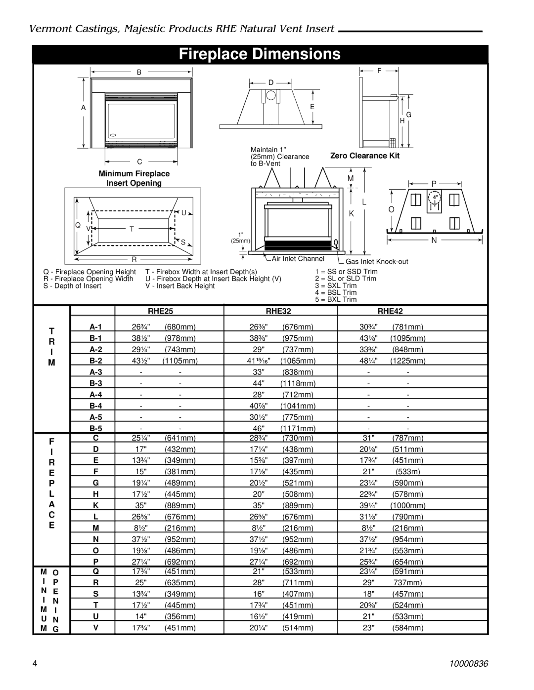 Vermont Casting installation instructions Fireplace Dimensions, RHE25 RHE32 RHE42 