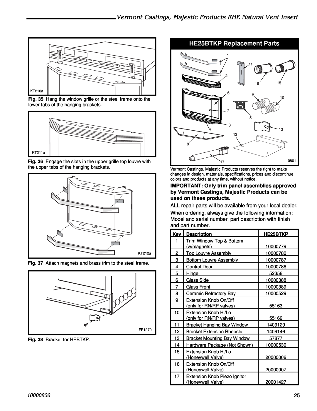 Vermont Casting RHE25, RHE42, RHE32 installation instructions HE25BTKP Replacement Parts, 10000836, Description 