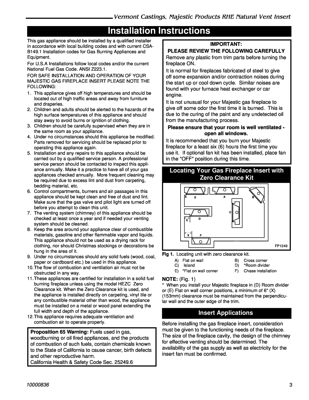 Vermont Casting RHE42 Installation Instructions, Locating Your Gas Fireplace Insert with, Zero Clearance Kit, 10000836 
