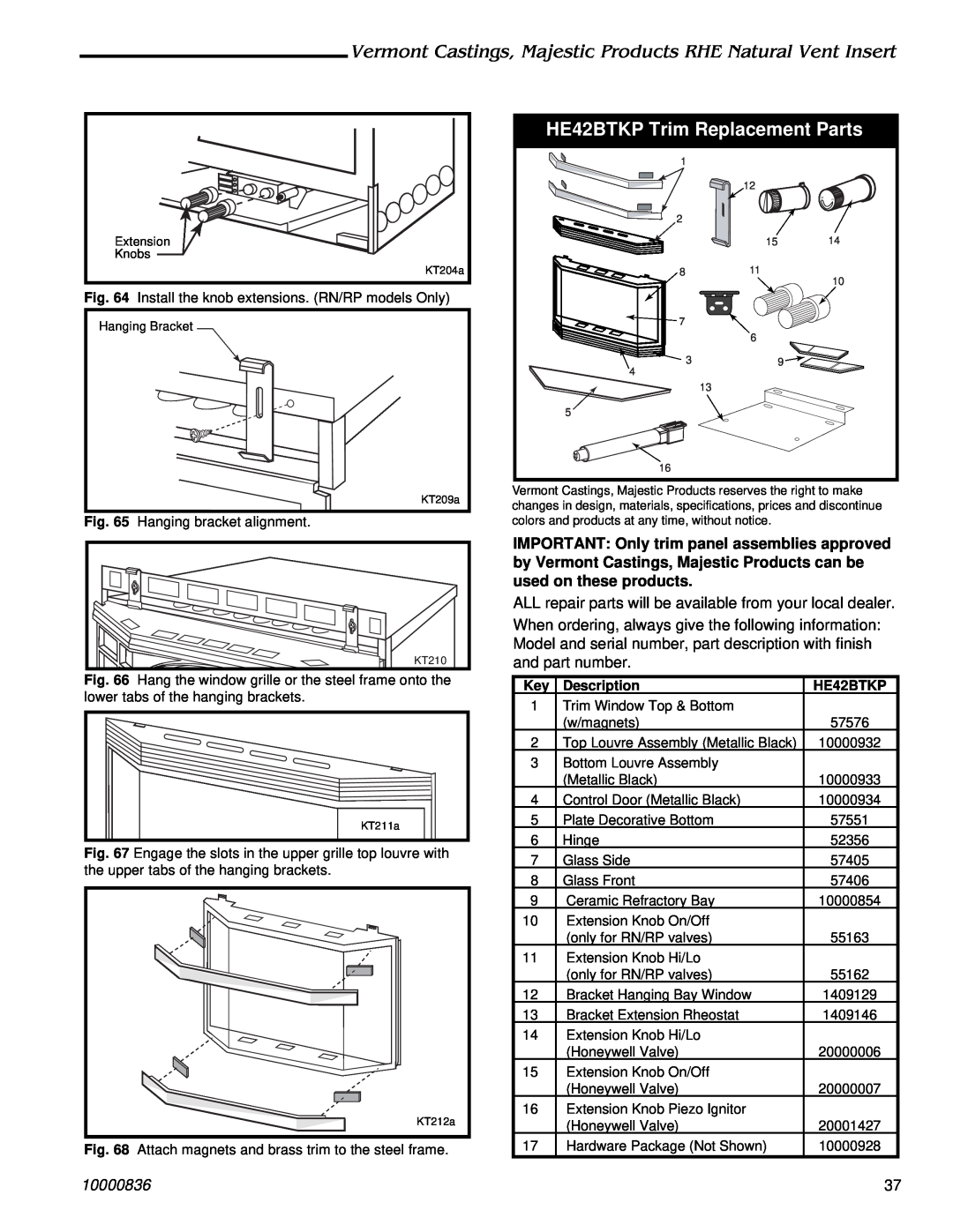 Vermont Casting RHE25, RHE42, RHE32 installation instructions HE42BTKP Trim Replacement Parts, 10000836, Description 