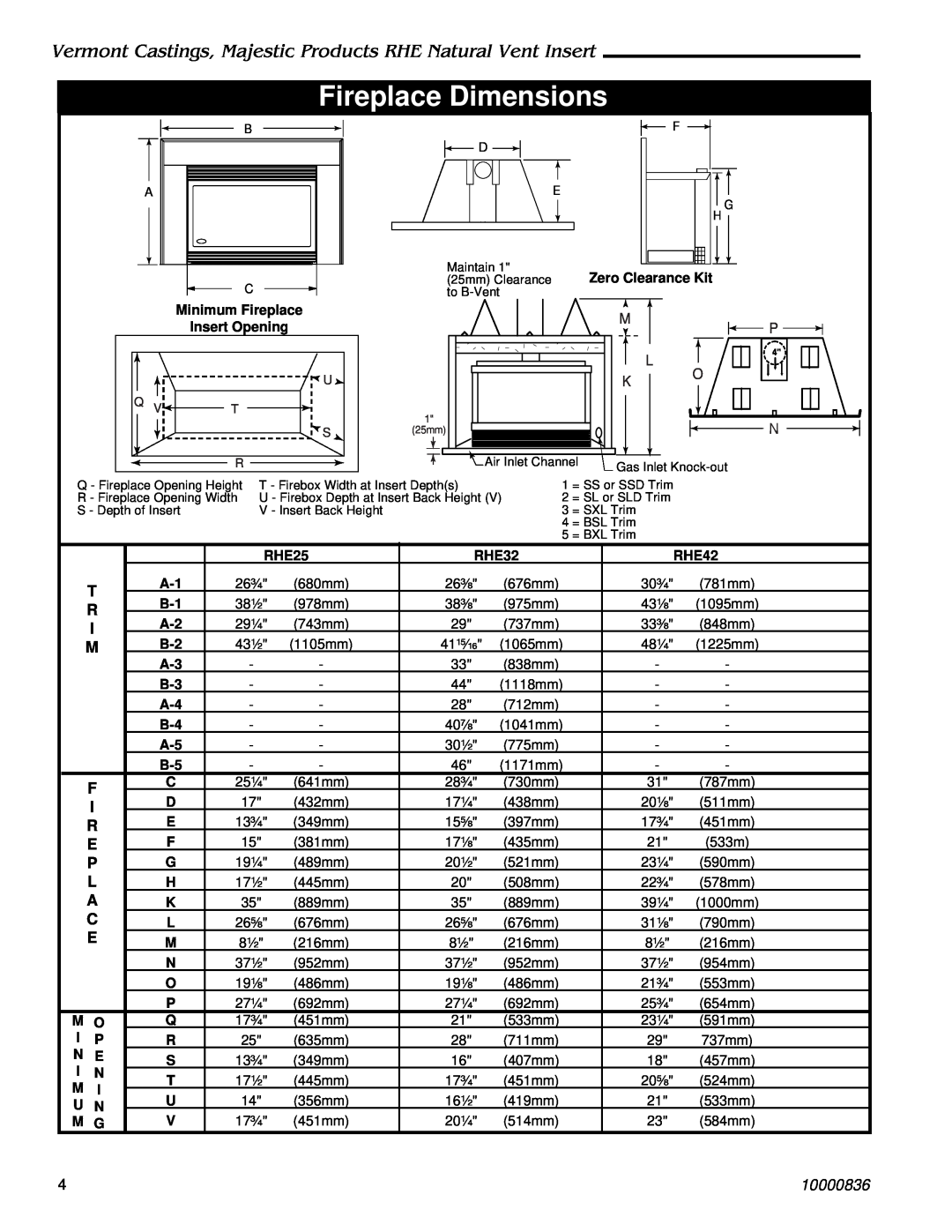 Vermont Casting RHE25, RHE42, RHE32 installation instructions Fireplace Dimensions, M L K O, 10000836 