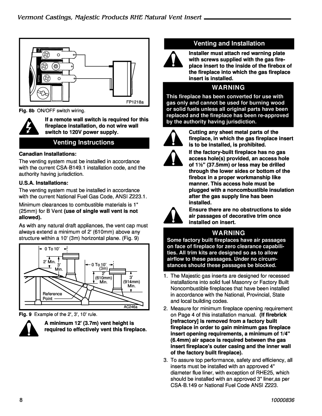 Vermont Casting RHE32, RHE42 Venting Instructions, Venting and Installation, Canadian Installations, U.S.A. Installations 