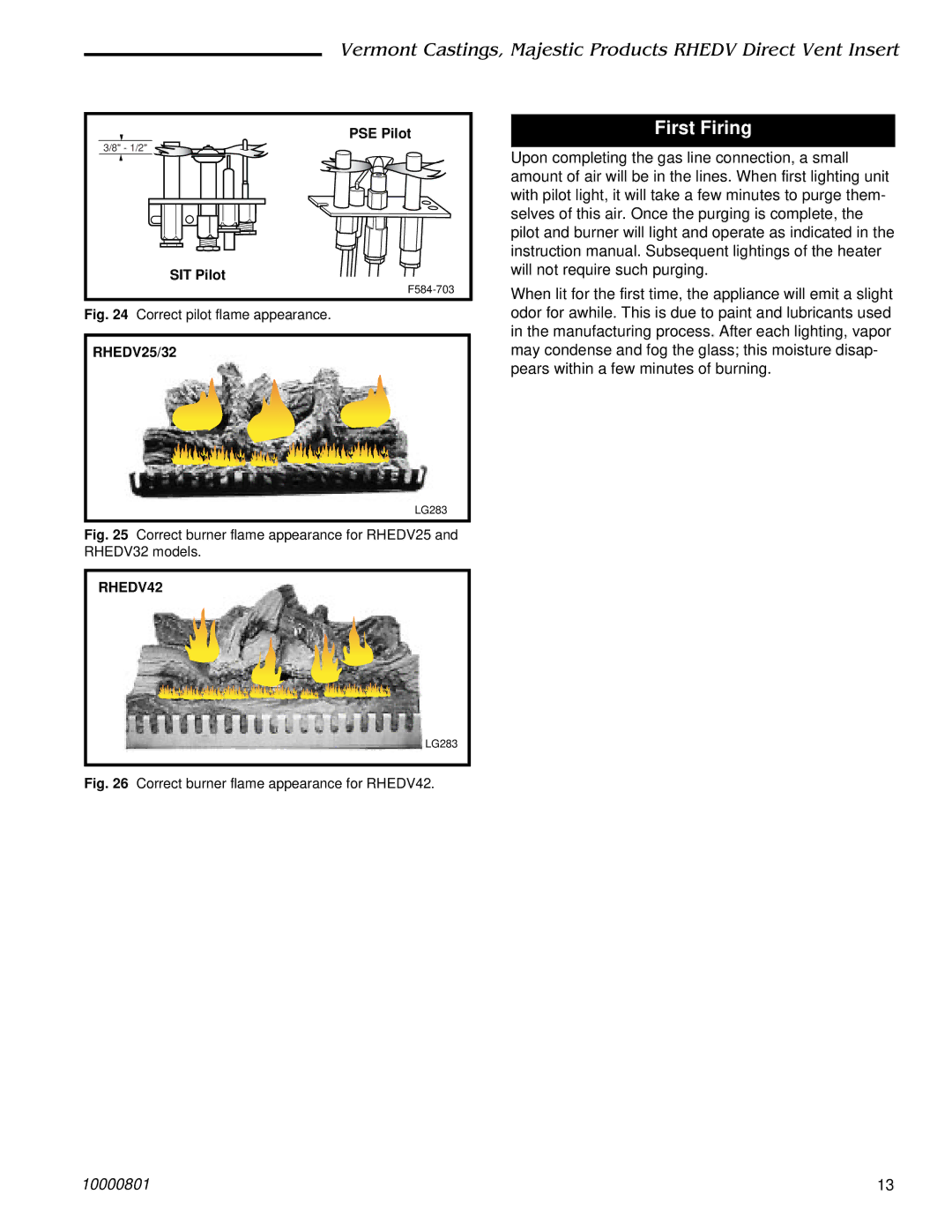 Vermont Casting RHEDV32 installation instructions First Firing, PSE Pilot, SIT Pilot, RHEDV25/32, RHEDV42 