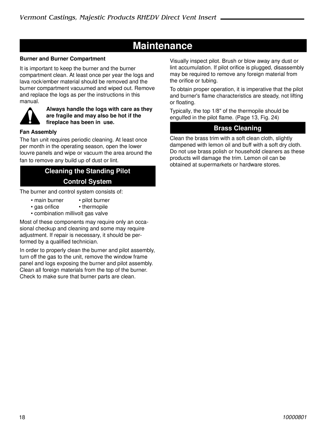 Vermont Casting RHEDV25, RHEDV32, RHEDV42 Maintenance, Cleaning the Standing Pilot Control System, Brass Cleaning 