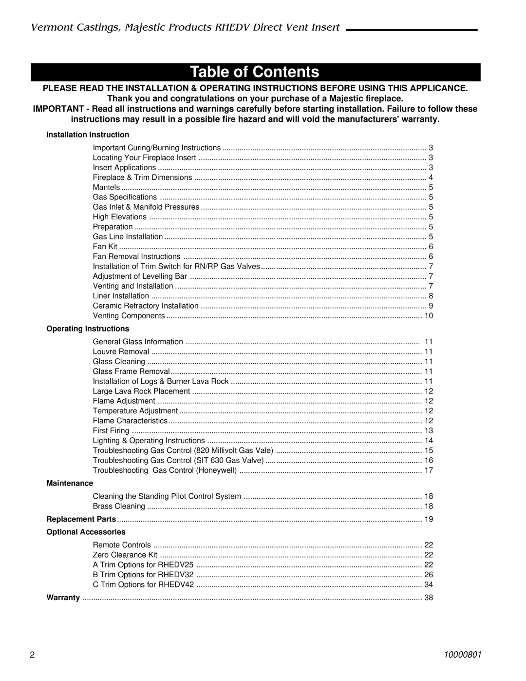 Vermont Casting RHEDV42, RHEDV25, RHEDV32 installation instructions Table of Contents 