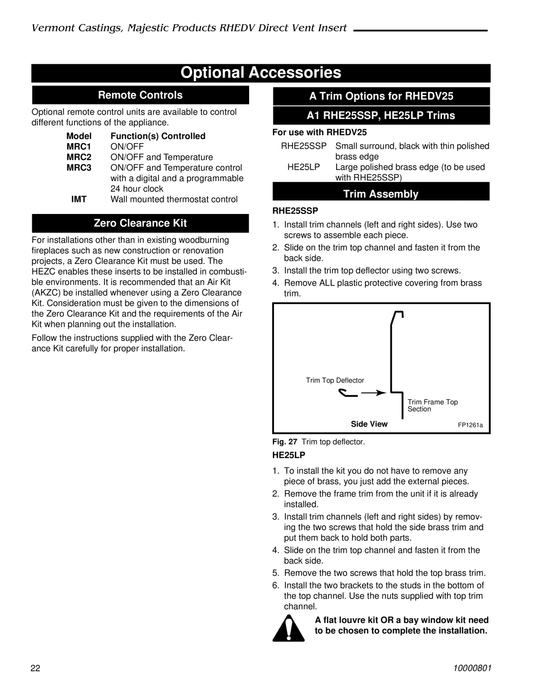 Vermont Casting RHEDV32, RHEDV25, RHEDV42 Optional Accessories, Remote Controls, Zero Clearance Kit, Trim Assembly 