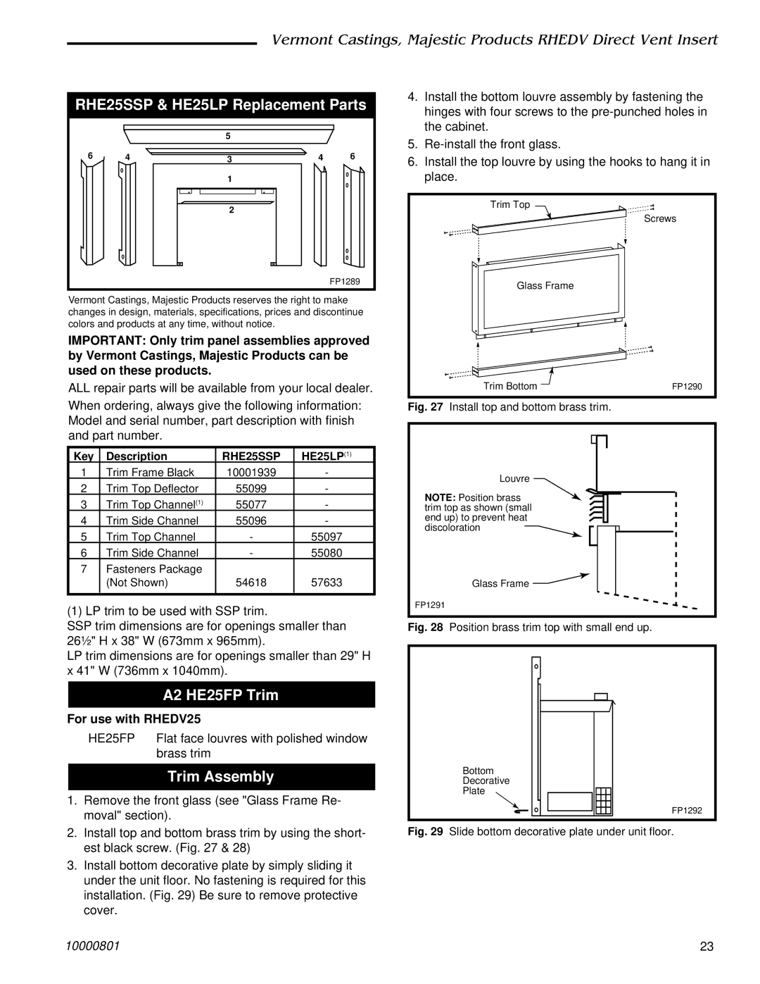 Vermont Casting RHEDV42, RHEDV25, RHEDV32 installation instructions A2 HE25FP Trim, Key Description, RHE25SSP, HE25LP1 