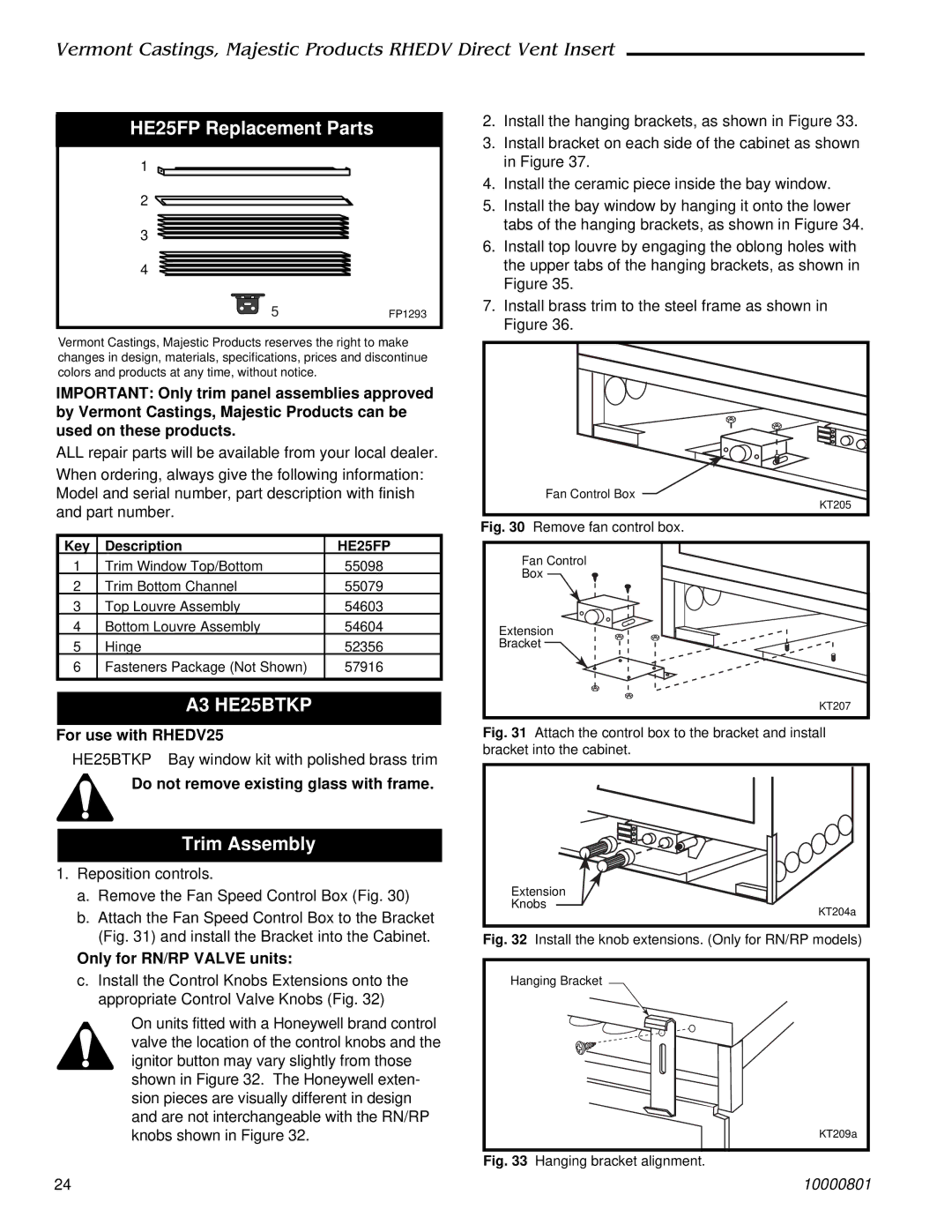 Vermont Casting RHEDV25 HE25FP Replacement Parts, Do not remove existing glass with frame, Only for RN/RP Valve units 