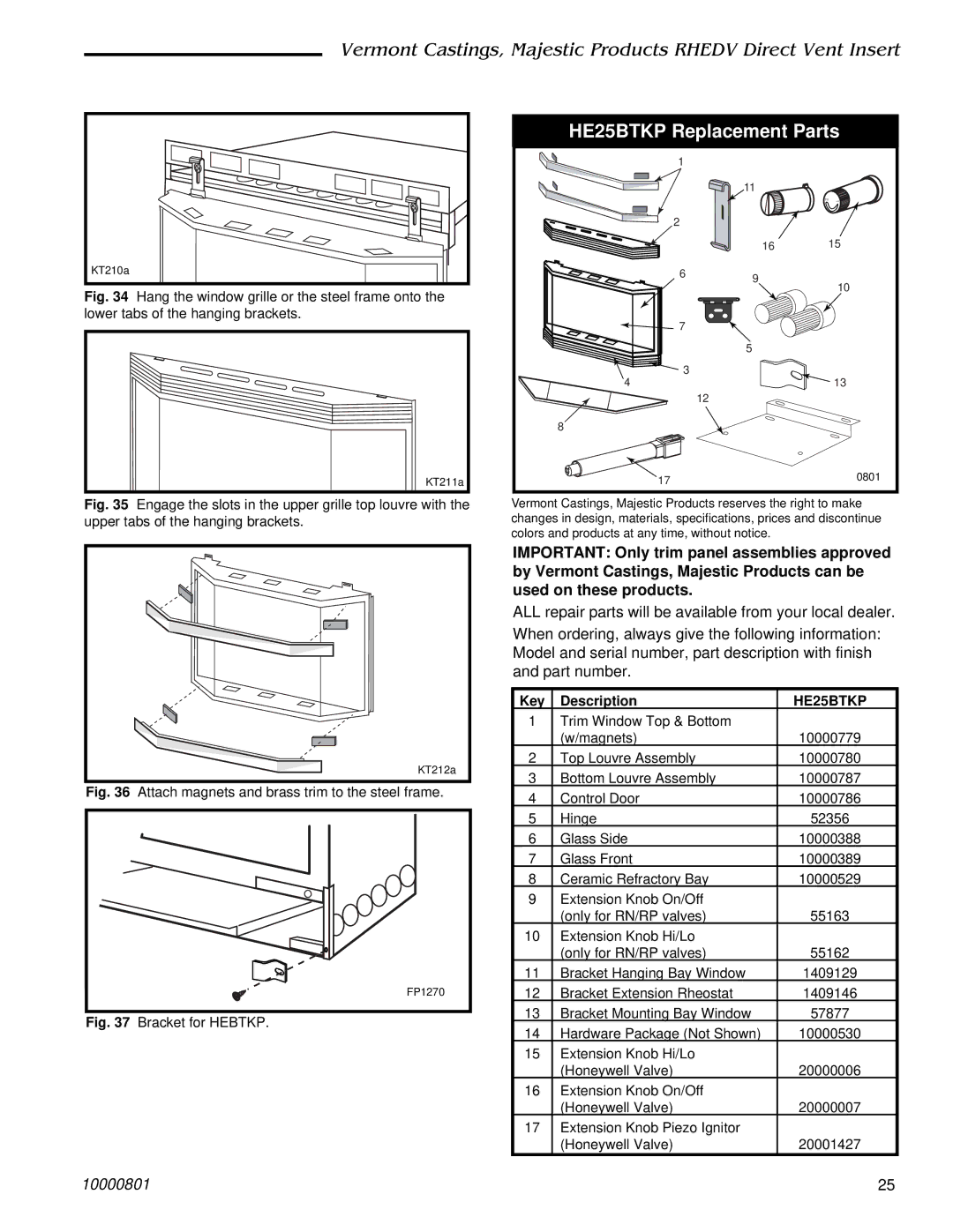 Vermont Casting RHEDV32, RHEDV25, RHEDV42 installation instructions HE25BTKP Replacement Parts 