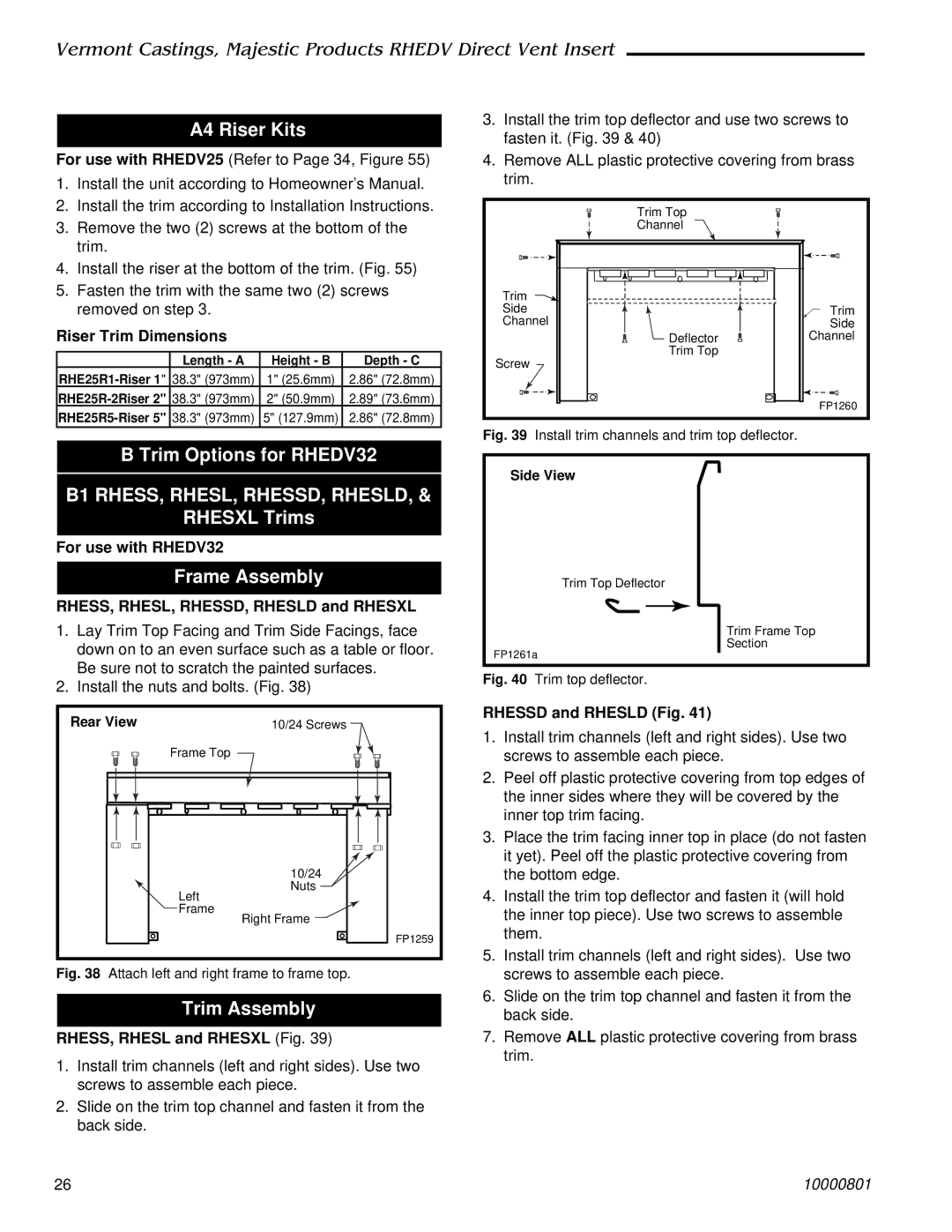 Vermont Casting RHEDV42, RHEDV25 A4 Riser Kits, Trim Options for RHEDV32, Rhesxl Trims, Frame Assembly 