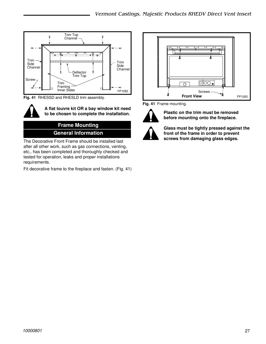 Vermont Casting RHEDV25, RHEDV32, RHEDV42 installation instructions Frame Mounting General Information, Front View 