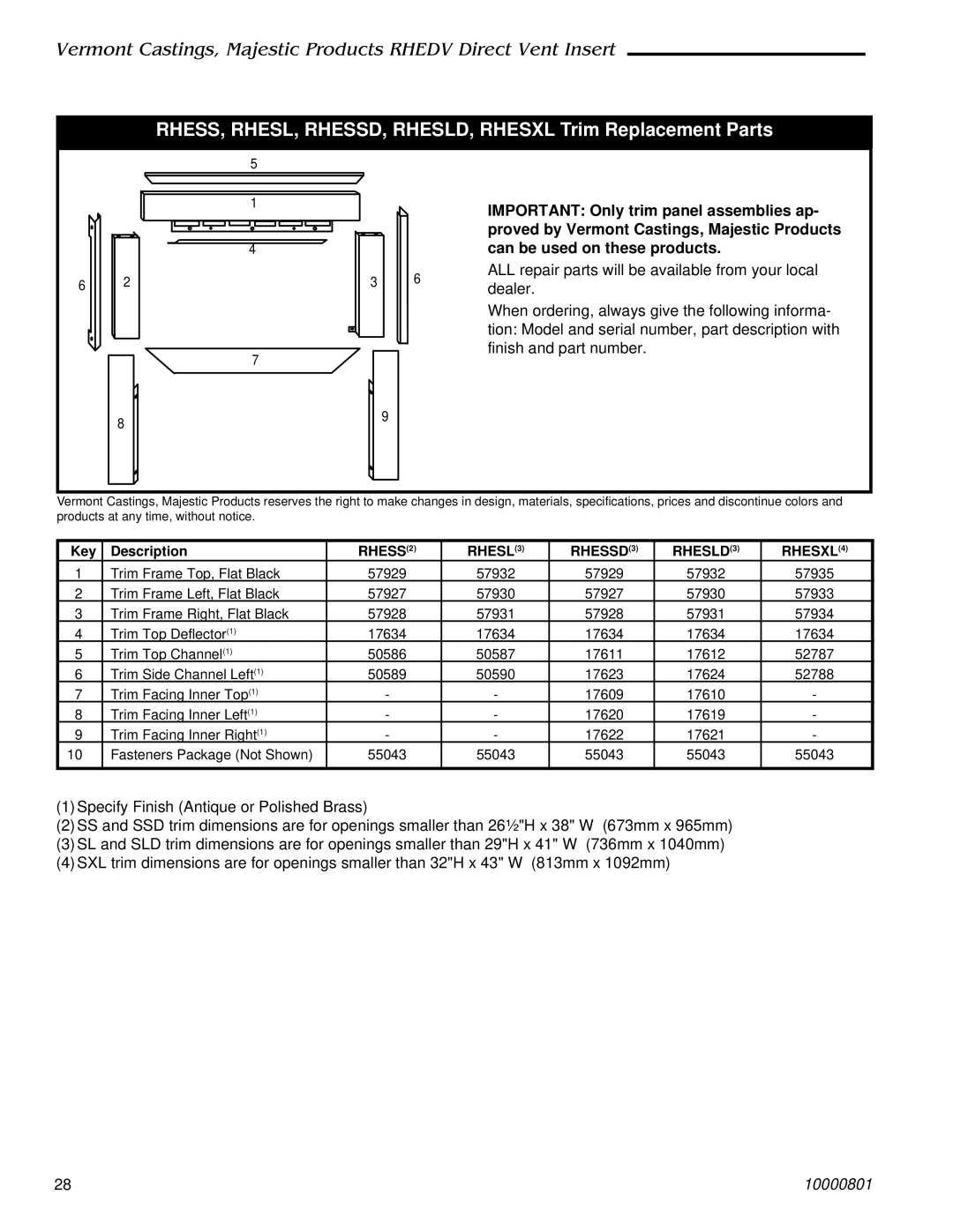 Vermont Casting RHEDV32 RHESS, RHESL, RHESSD, RHESLD, Rhesxl Trim Replacement Parts, RHESS2 RHESL3 RHESSD3 RHESLD3 RHESXL4 