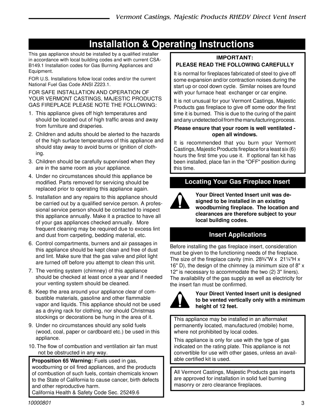 Vermont Casting RHEDV25 Installation & Operating Instructions, Locating Your Gas Fireplace Insert, Insert Applications 