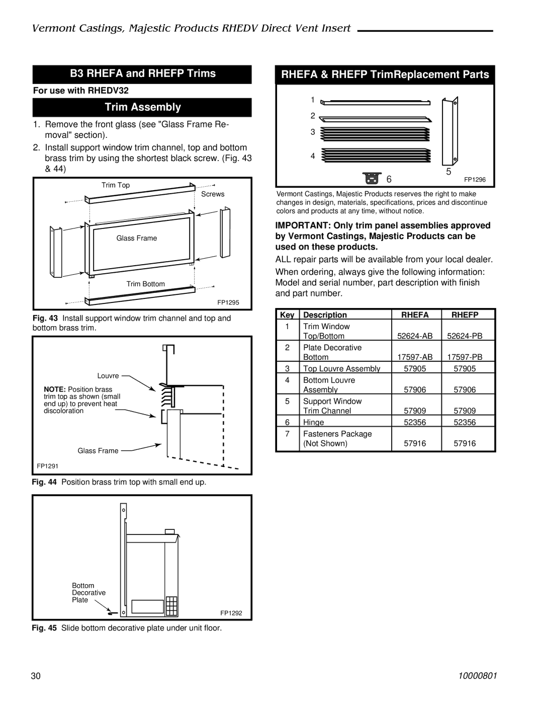 Vermont Casting RHEDV25, RHEDV32, RHEDV42 B3 Rhefa and Rhefp Trims, Rhefa & Rhefp TrimReplacement Parts, Rhefa Rhefp 