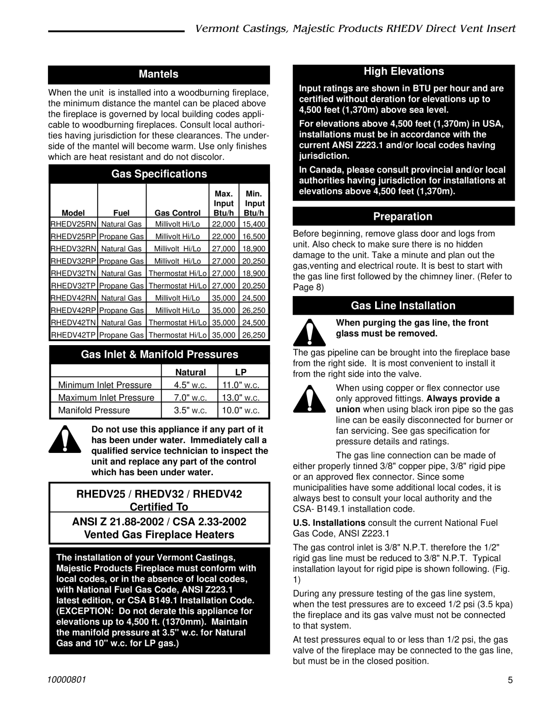 Vermont Casting RHEDV42, RHEDV25 Mantels, Gas Specifications, Gas Inlet & Manifold Pressures, High Elevations, Preparation 