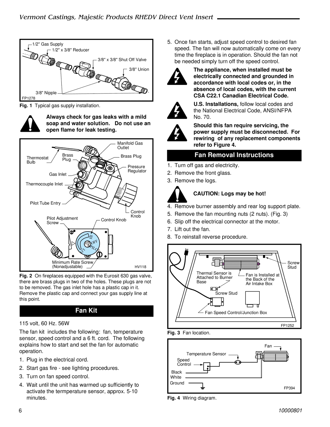 Vermont Casting RHEDV25, RHEDV32, RHEDV42 installation instructions Fan Kit, Fan Removal Instructions 