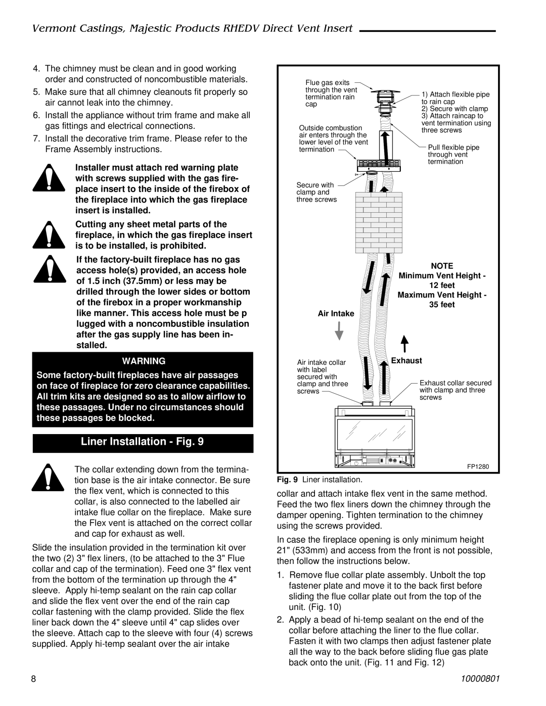 Vermont Casting RHEDV42, RHEDV25 Liner Installation Fig, Minimum Vent Height Feet Maximum Vent Height Air Intake, Exhaust 