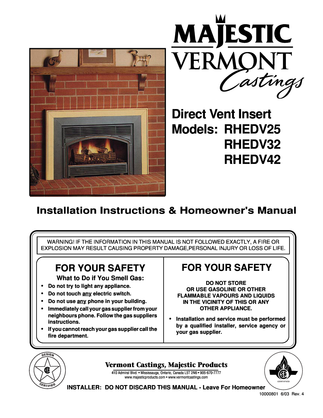 Vermont Casting installation instructions Direct Vent Insert Models RHEDV25 RHEDV32, RHEDV42, For Your Safety 