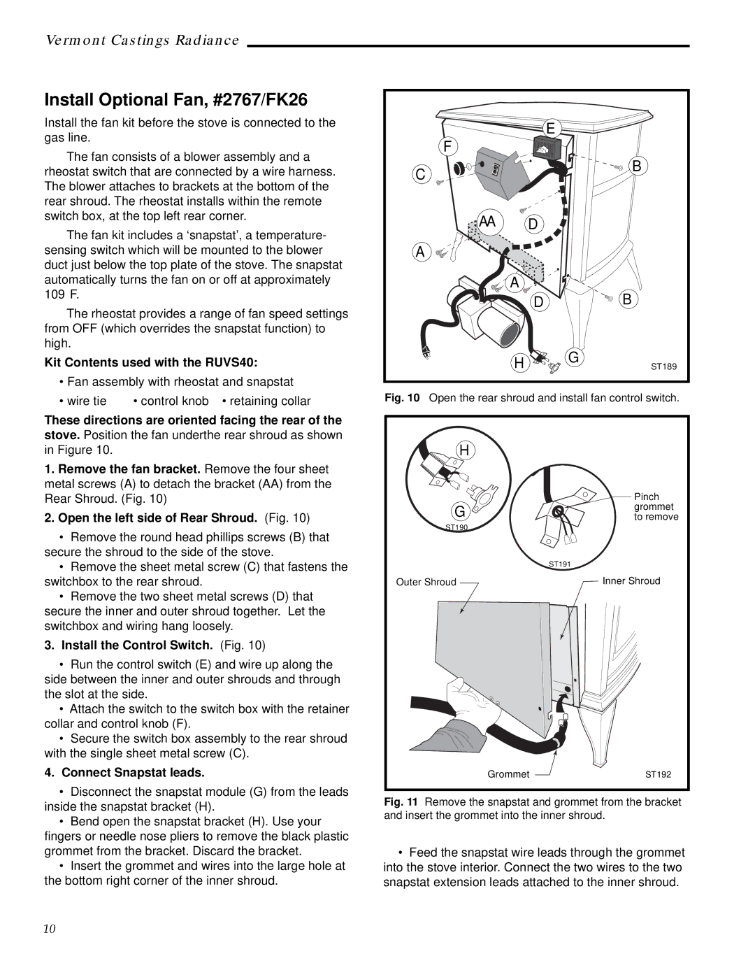 Vermont Casting manual Install Optional Fan, #2767/FK26, Aa D, Kit Contents used with the RUVS40, Connect Snapstat leads 