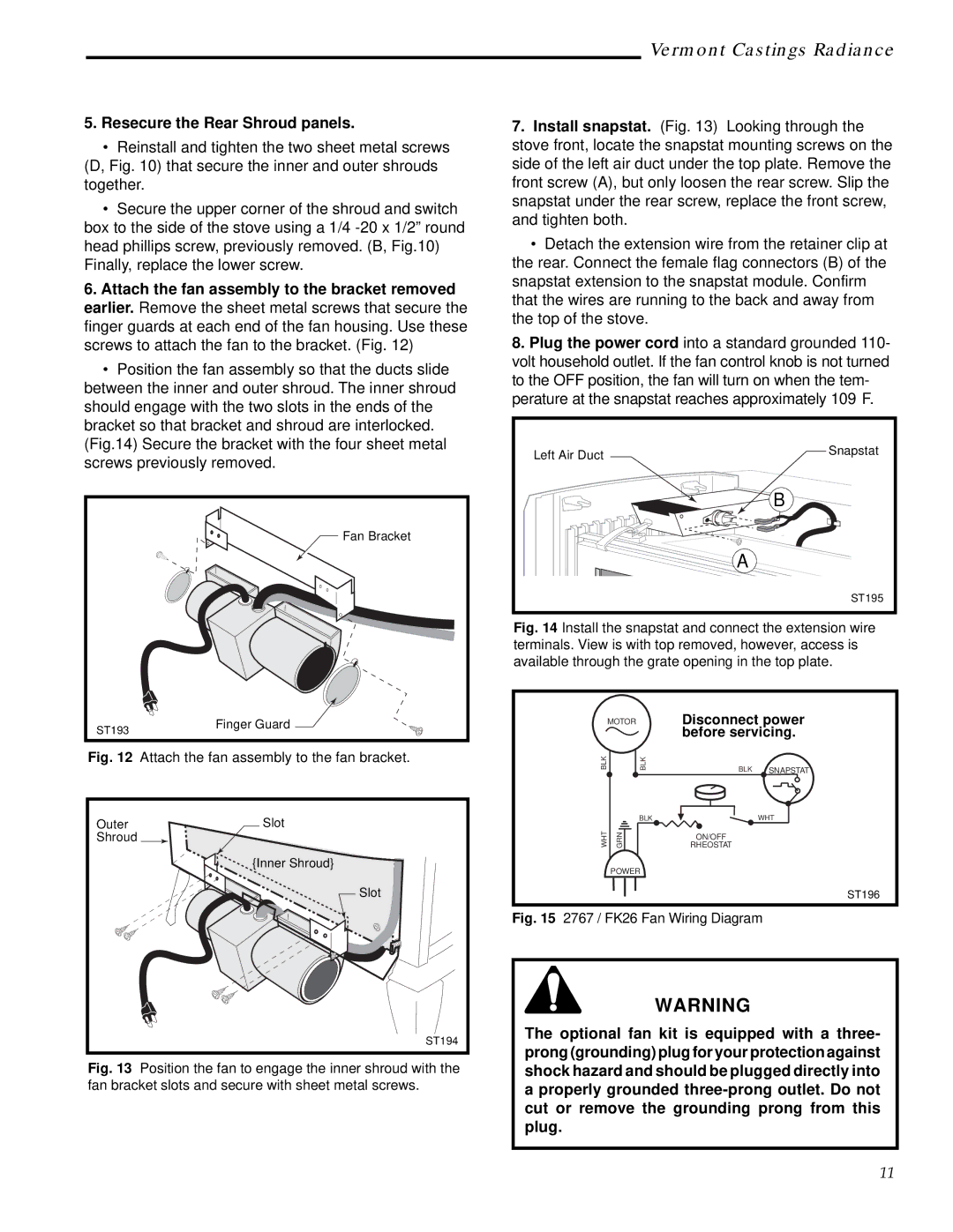 Vermont Casting RUVS40 manual Resecure the Rear Shroud panels, Attach the fan assembly to the fan bracket 