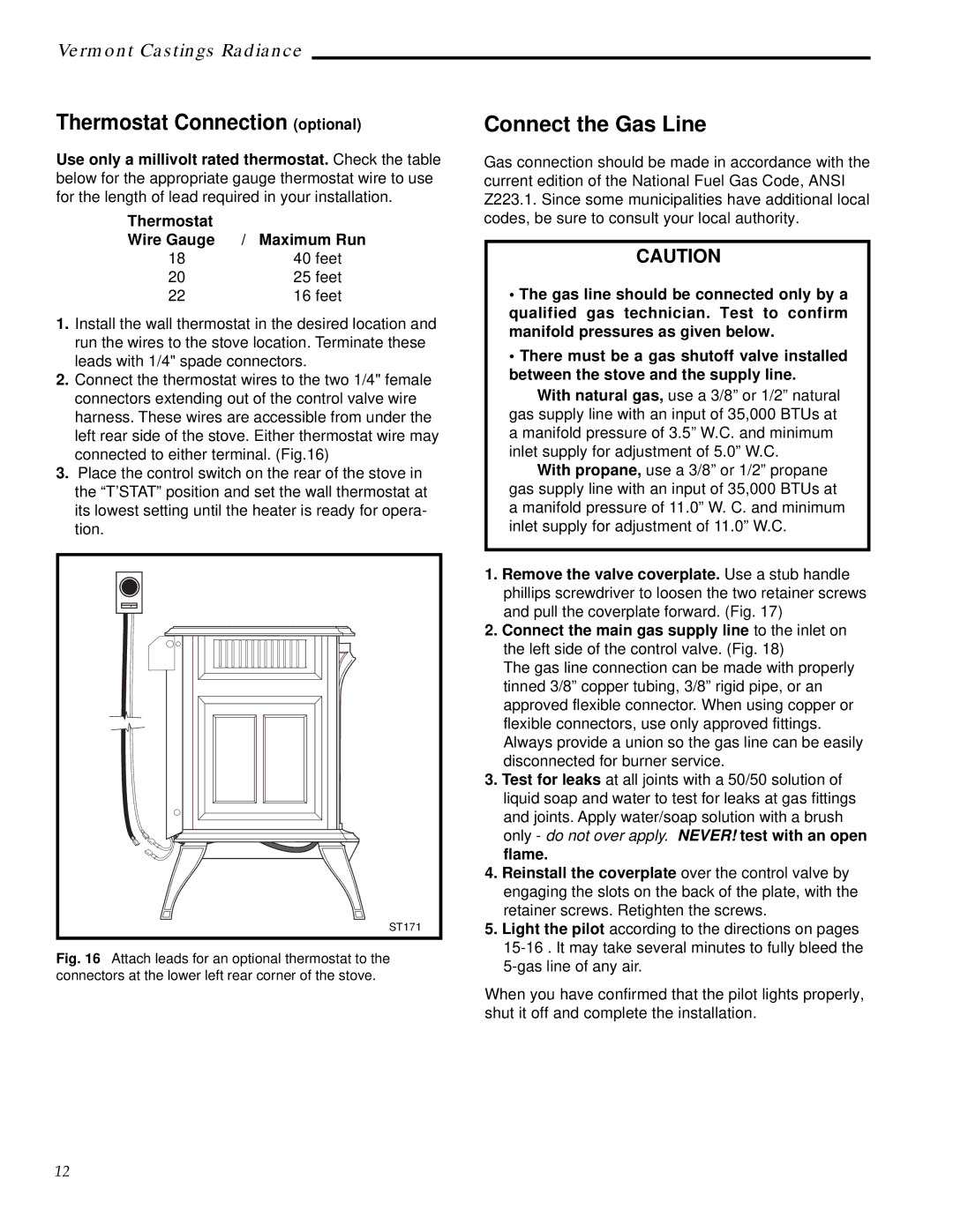 Vermont Casting RUVS40 manual Thermostat Connection optional, Connect the Gas Line 