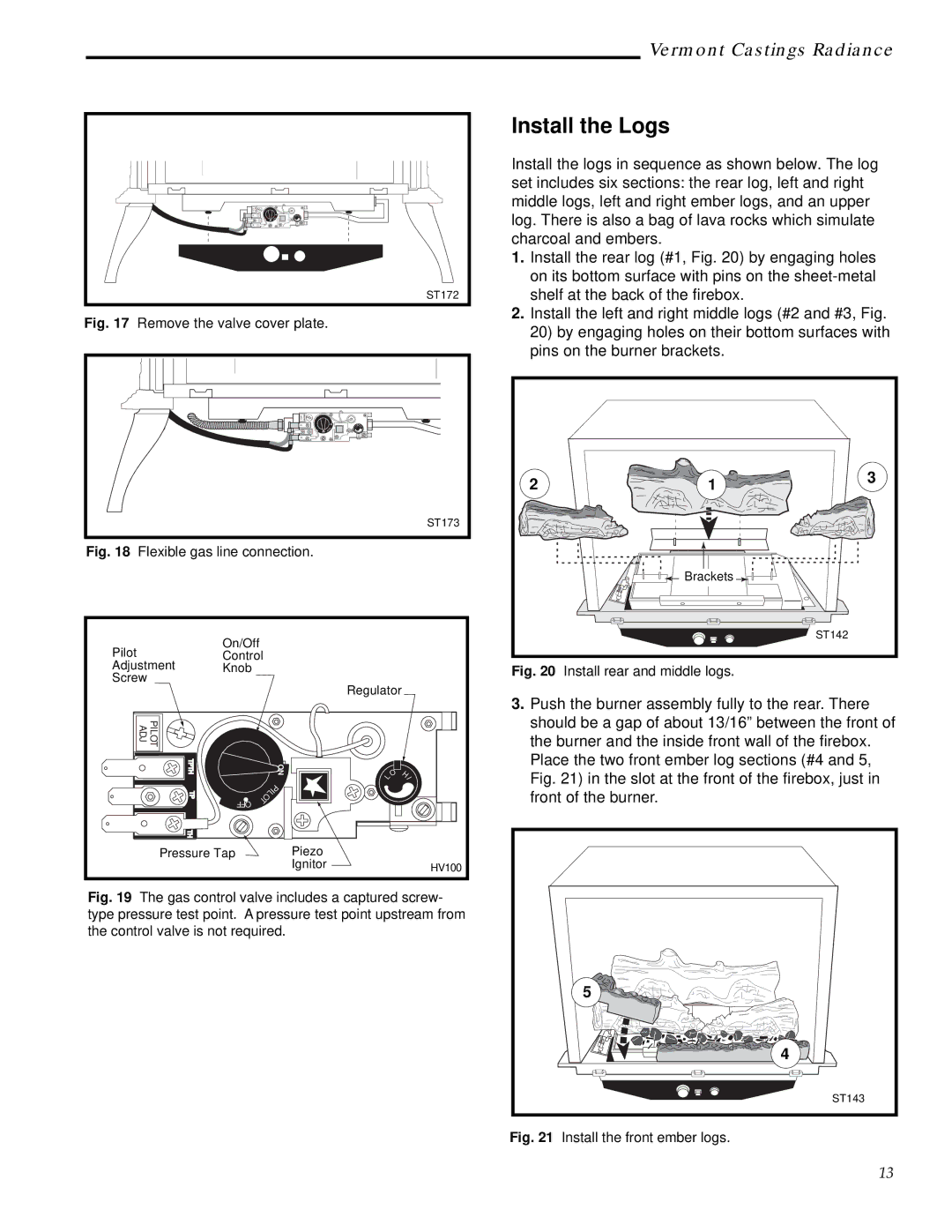 Vermont Casting RUVS40 manual Install the Logs, Remove the valve cover plate 