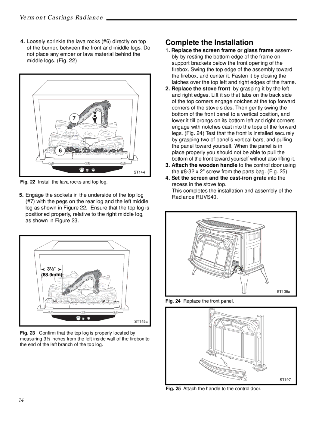 Vermont Casting RUVS40 manual Complete the Installation, Replace the front panel 