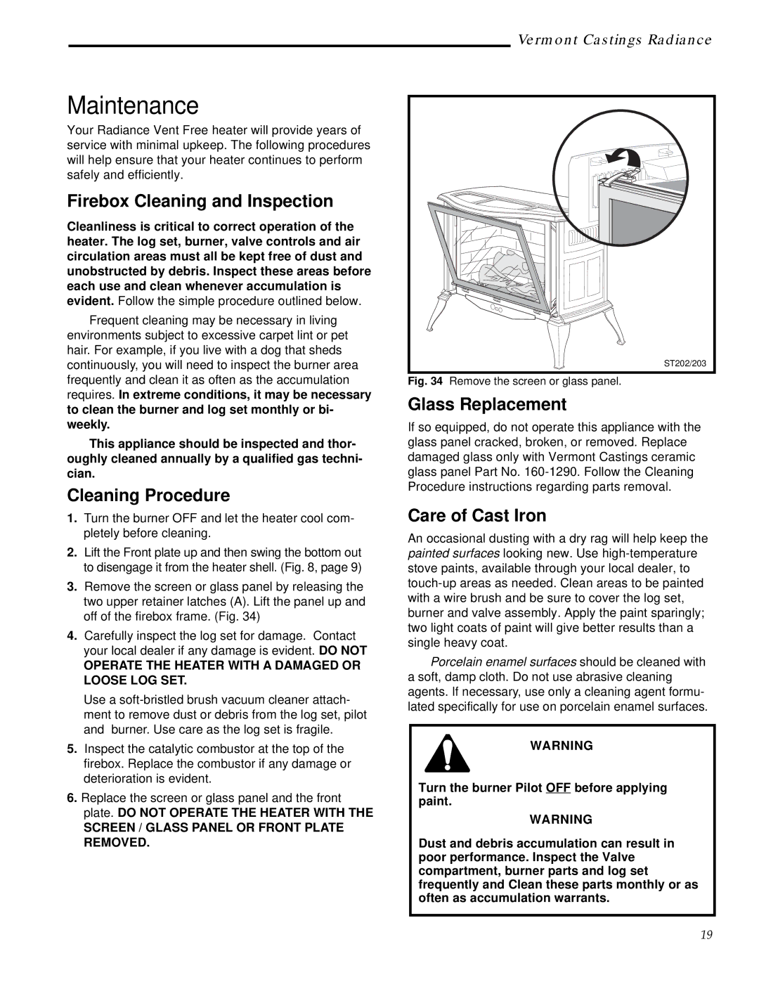 Vermont Casting RUVS40 manual Firebox Cleaning and Inspection, Cleaning Procedure, Glass Replacement, Care of Cast Iron 